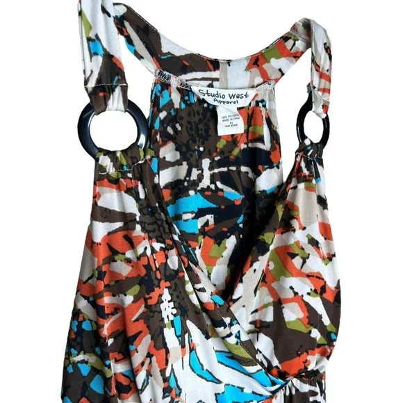 Studio West Apparel Sleeveless Maxi Dress Abstract Pattern Brown Blue Size XL - Picture 2 of 5